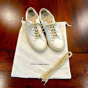 COMMON PROJECTS white + tan accent sneakers